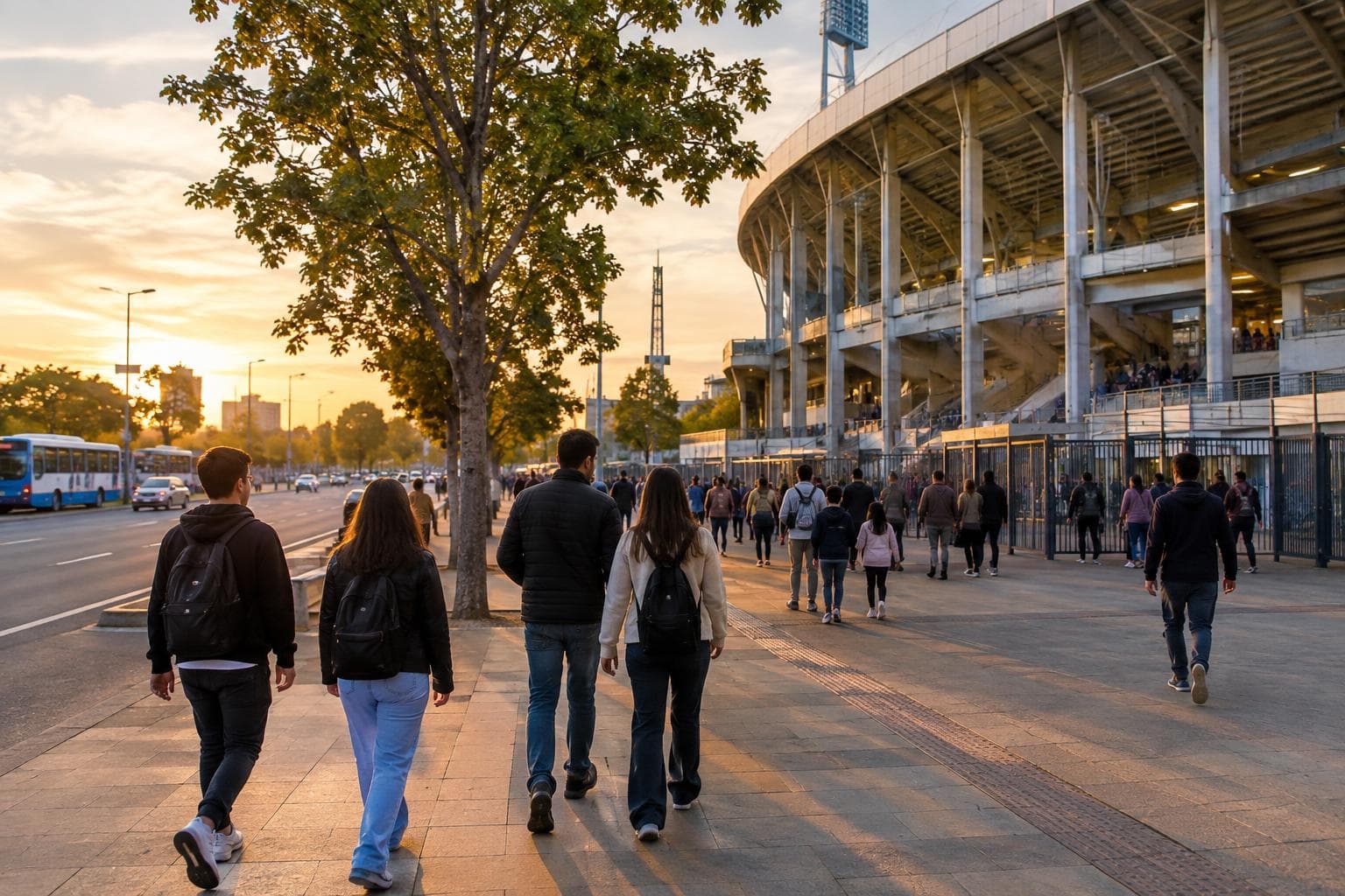 Público caminando hacia un estadio moderno en La Plata antes de un recital.
