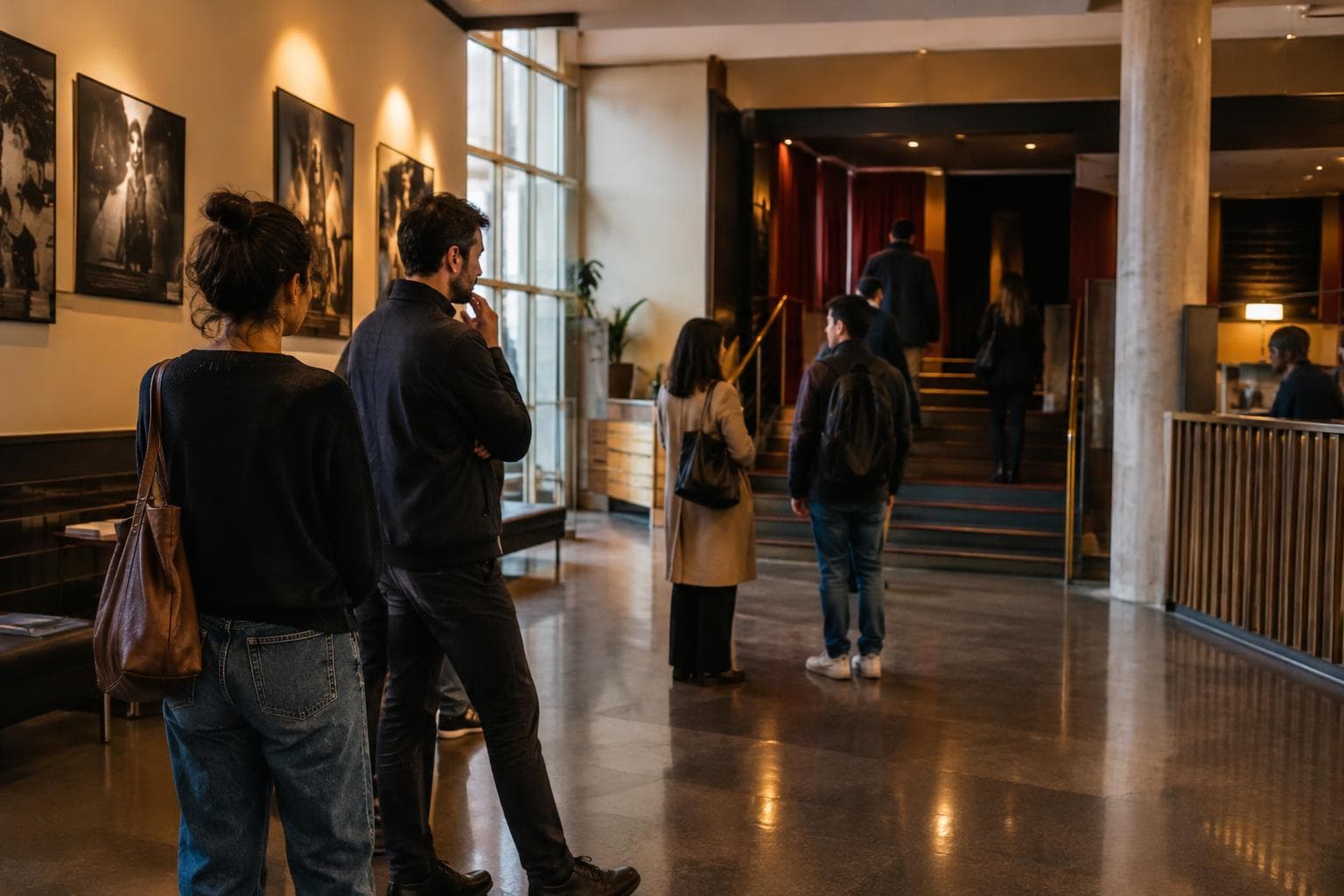 Un hall de cine de autor antes de una función, usada como ilustración no documental.