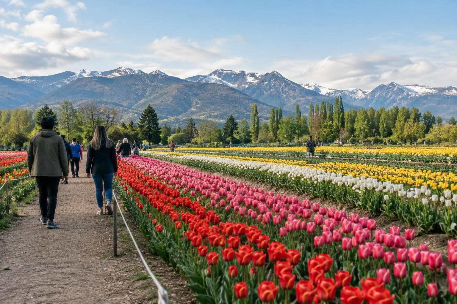 Visitantes caminando junto a hileras de tulipanes en un paisaje patagónico de Trevelin.