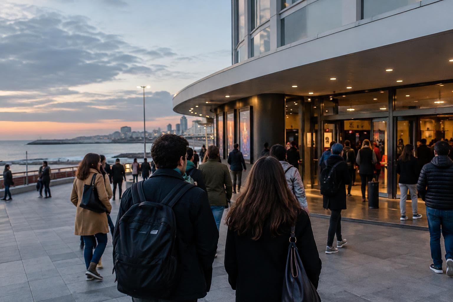 Público entrando a un cine costero al atardecer.