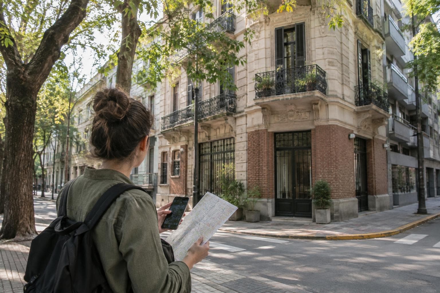 Imagen fotorealista generada con IA: una persona consulta mapa y celular en una vereda arbolada de Buenos Aires frente a fachadas de arquitectura urbana.