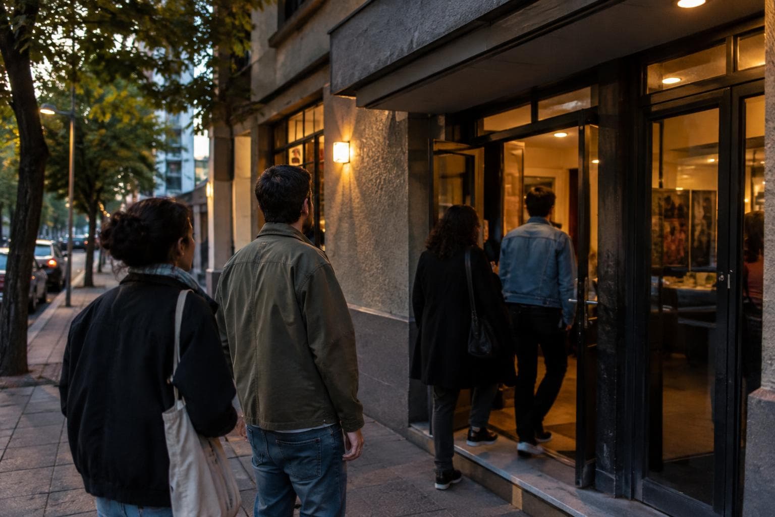 Personas llegando de noche a un cine cultural de barrio.