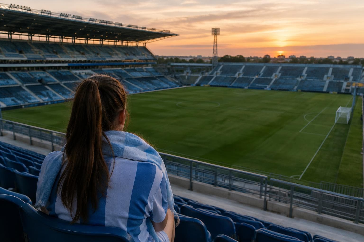 An Argentina supporter seen from behind facing an empty football pitch at dusk; illustrative, not documentary.