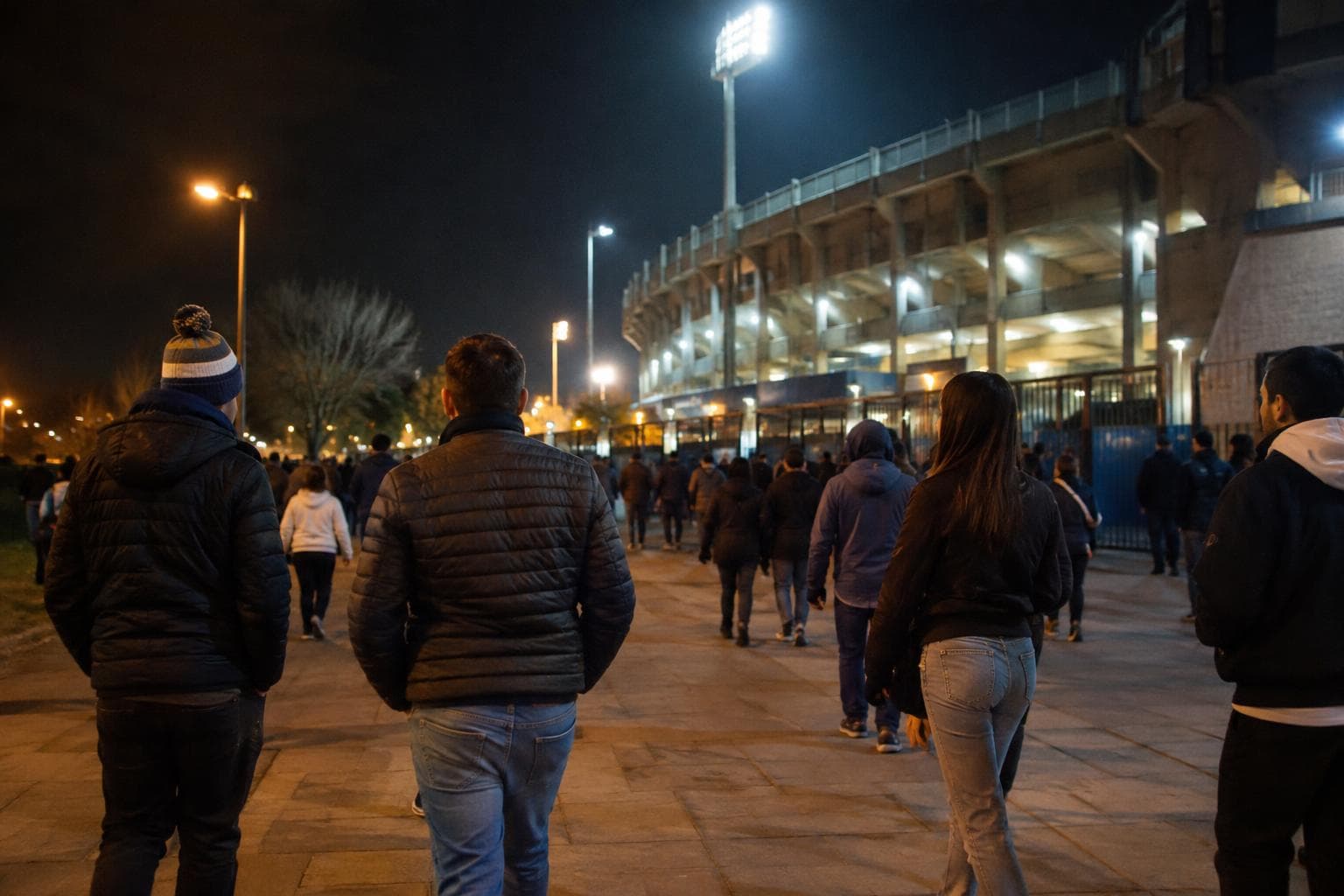 Hinchas llegando de noche a un estadio en Córdoba; escena ilustrativa, no foto documental del partido.