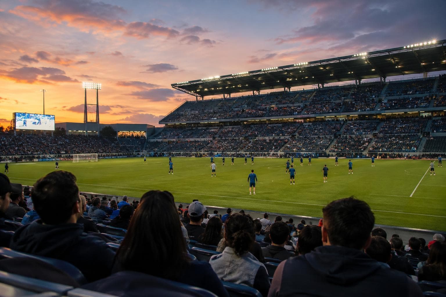 Un estadio de fútbol moderno al atardecer, con jugadores genéricos entrando en calor; imagen ilustrativa, no una foto real del partido.
