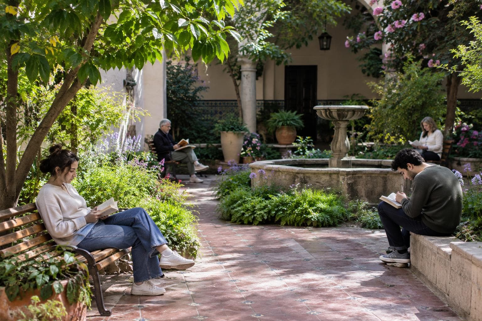 AI-generated photorealistic image, illustrative only: people reading outdoors in a spring garden with benches, greenery and natural light.